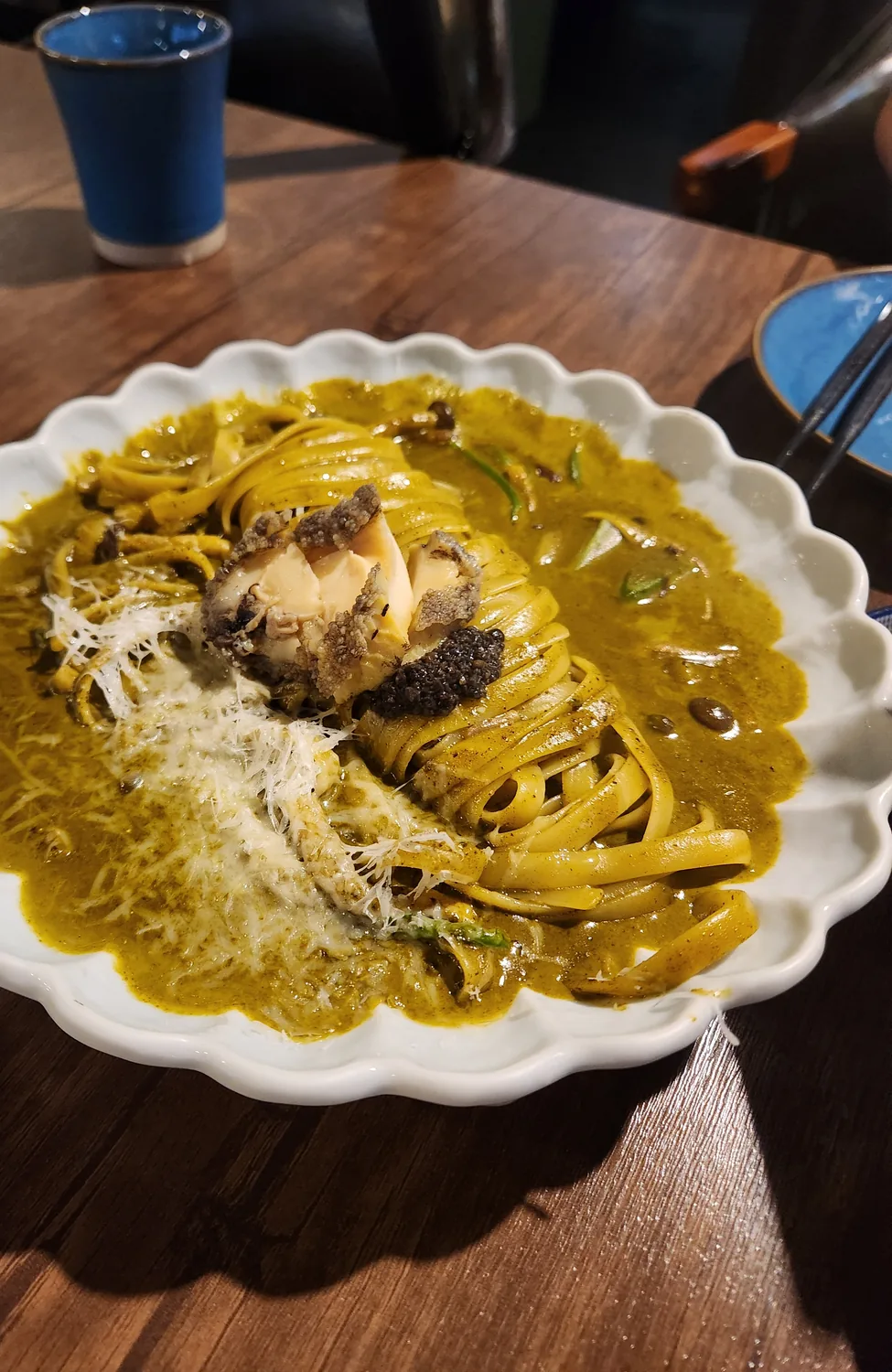 Truffle abalone innard cream pasta with parmesan at Enwoo izakaya Pyeongchon Anyang