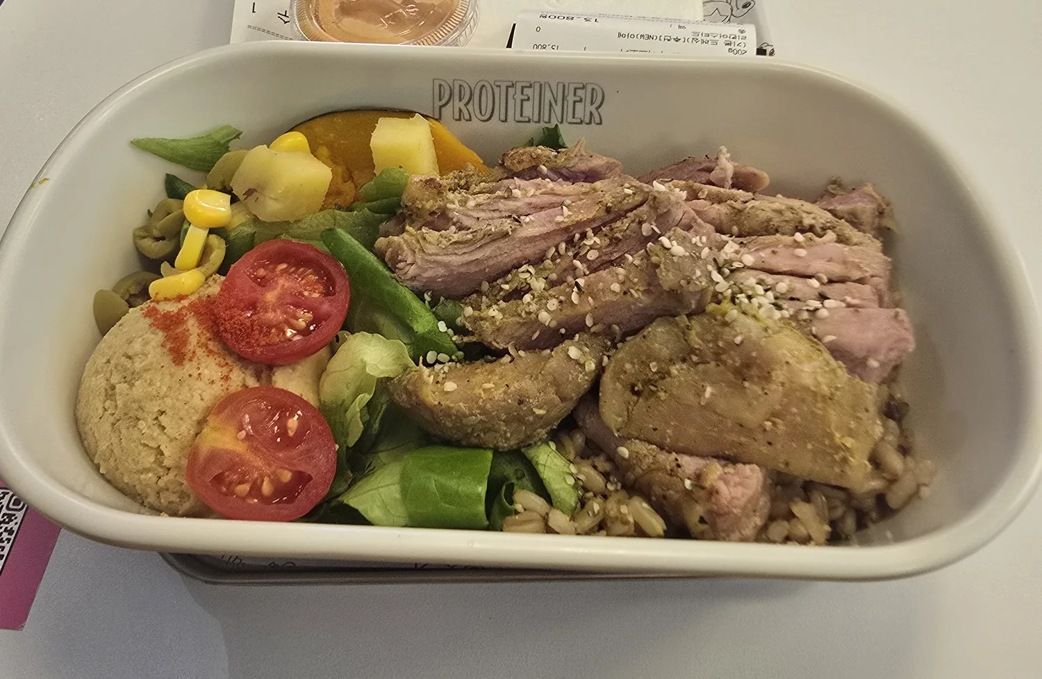 PROTEINER high-protein box meal with pork, salad, hummus, and grains near Sinnonhyeon Station Gangnam Seoul