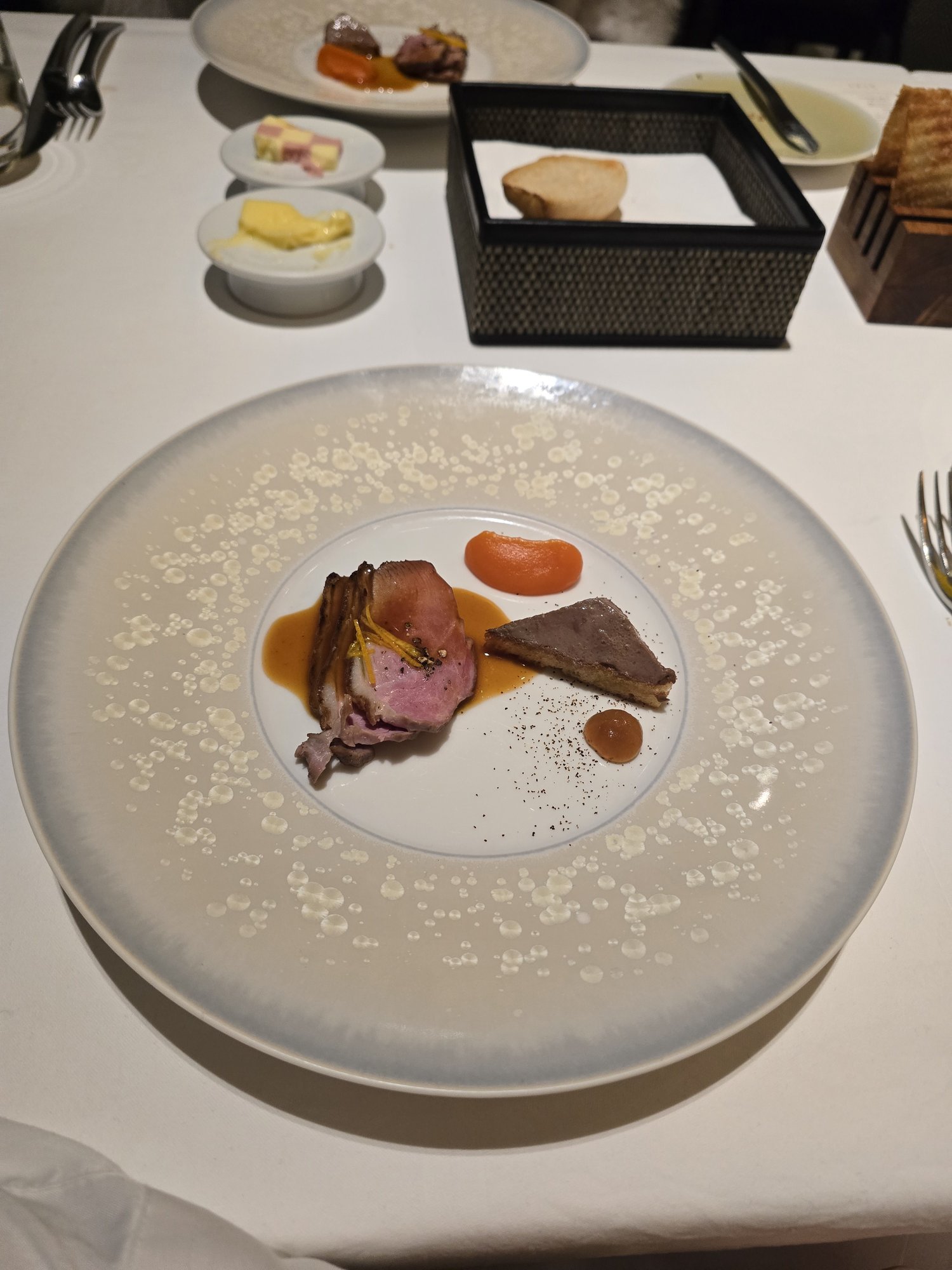 Duck with crispy potato and ginger purée