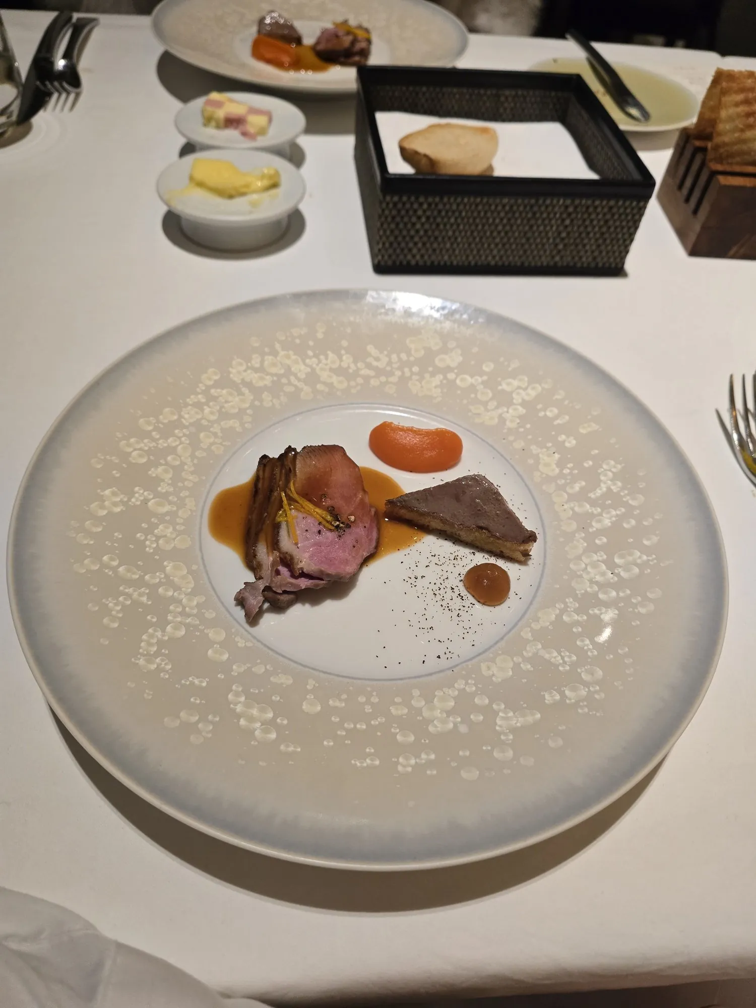 Duck with crispy potato and ginger purée